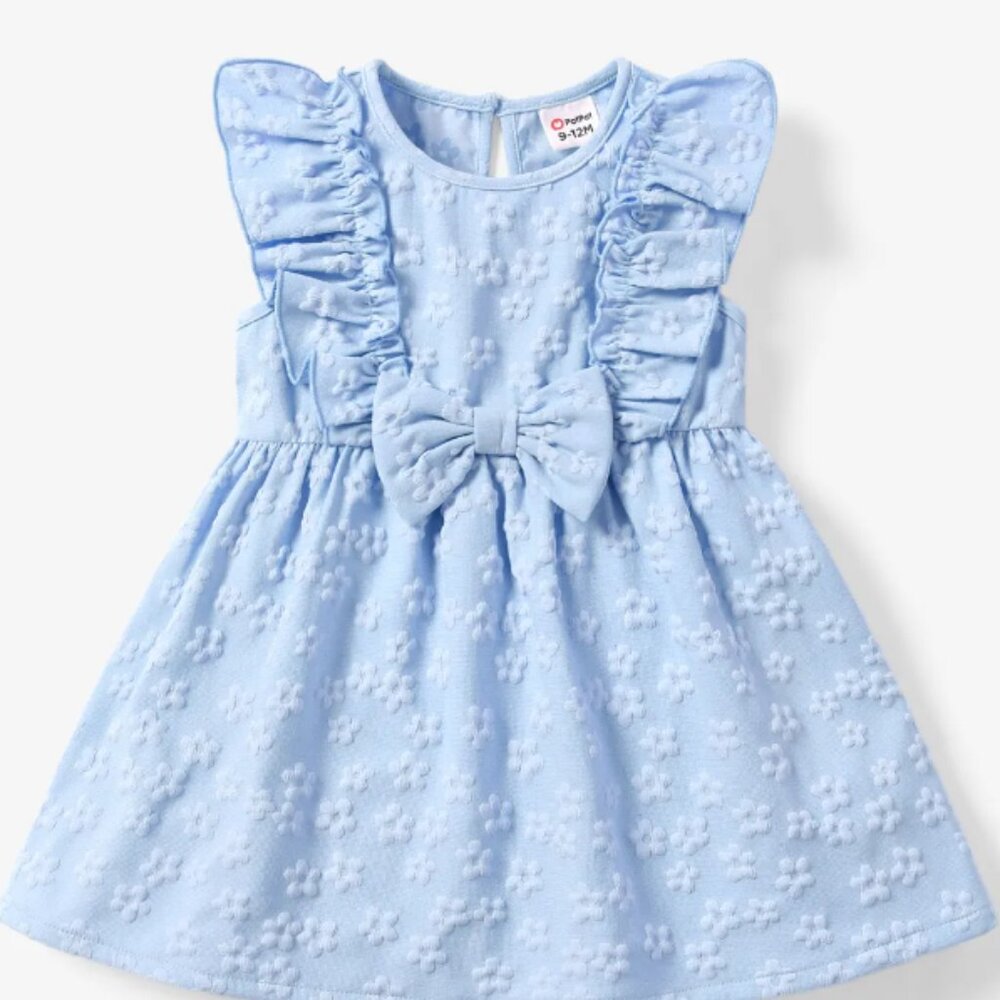 Baby Girl Blue Sweet Textured Bowknot Flutter-sleeve Dress